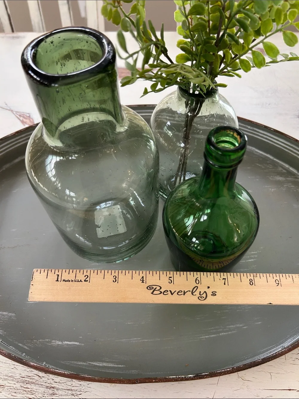 Green tabletop decor Glass vase accents shades of green Rustic modern farmhouse